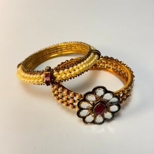 Bangle Bracelet Set Gold Faux Pearl Ruby Red Floral Kundan Style Traditional